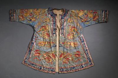 an image of a blue and yellow jacket with flowers on it