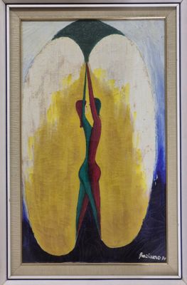 painting of a woman holding an umbrella in front of a yellow sun