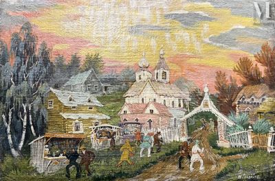 un tableau représentant une scène de village avec une calèche