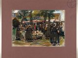 an oil painting of a group of people standing in front of a tent