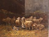 un tableau représentant un troupeau de moutons en train de manger dans une mangeoire