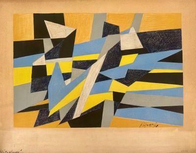une image représentant un tableau aux motifs abstraits jaunes et bleus