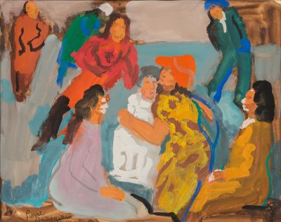 une image représentant un tableau où l'on voit un groupe de personnes assises sur un canapé