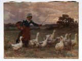 un tableau représentant une femme donnant à manger à des canards dans un champ
