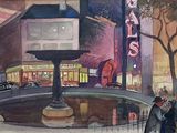 a painting of a man and a woman standing in front of a fountain