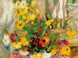 an image of a painting of a woman with flowers on a table