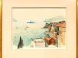 peinture d'une vue d'un port avec des bateaux dans l'eau