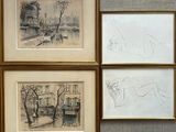 three framed drawings of a woman laying on a bench in front of a building