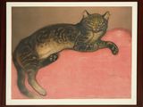 painting of a cat laying down on a pink cushion in a wooden frame