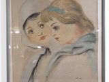 painting of two young girls in a white hat and blue scarf