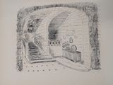 a black and white drawing of a room with a staircase