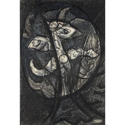 an image of a black and white drawing of a woman with a cat