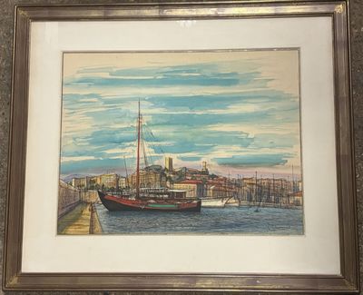 painting of a boat in a harbor with a city in the background