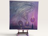 peinture violette et bleue représentant une tornade posée sur un chevalet, sur fond blanc