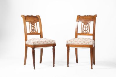 deux chaises en bois avec des assises rembourrées et un coussin d'assise à motifs