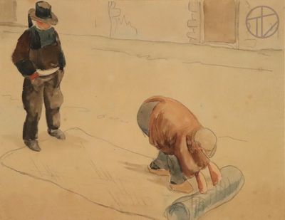 un tableau représentant deux hommes jouant au baseball sur un terrain en terre battue