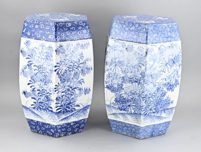 paire de tabourets de jardin en porcelaine bleue et blanche ornés de motifs floraux