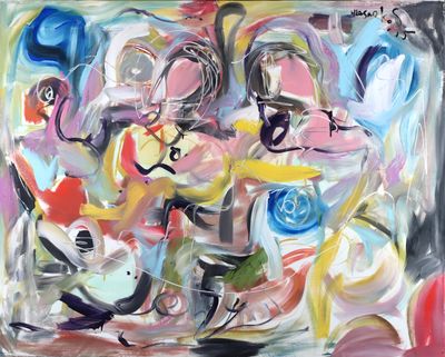 peinture abstraite représentant un groupe de personnes dans un ensemble de couleurs variées