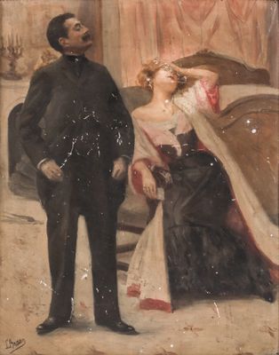 painting of a man standing next to a woman in a black dress