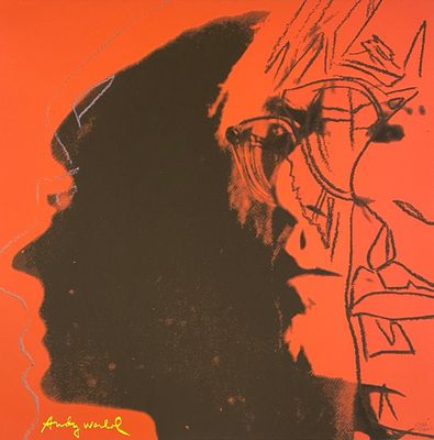 painting of a man with glasses and a hat on a red background