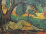 an oil painting of a woman laying under a tree in a park