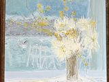 a painting of flowers in a vase on a table