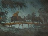 un tableau représentant un homme à cheval traversant un pont