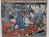 japanese woodblock painting of two women in a boat on a lake