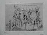 drawing of a group of people riding on horses in a circus