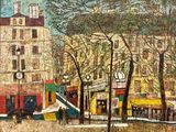 a painting of a street scene with a clock tower