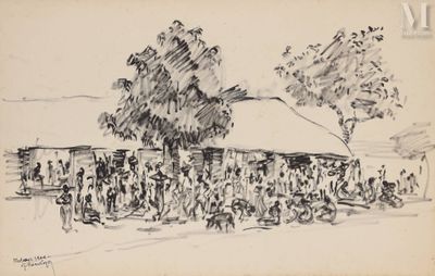 dessin représentant une foule de personnes debout devant un bâtiment