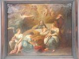 tableau représentant un groupe de femmes et d'enfants dans une pièce en compagnie d'anges