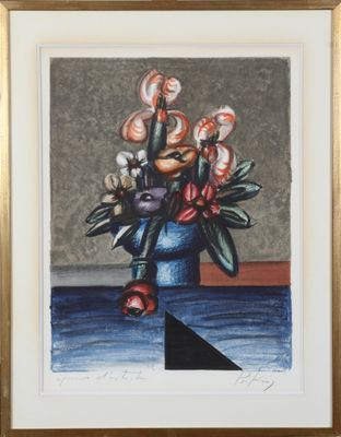 tableau représentant un vase de fleurs posé sur une table, avec un mur en arrière-plan