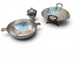 three pieces of silverware including a bowl and a bowl with handles