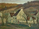 une image d'un tableau représentant un village sur une colline