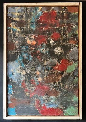 abstract painting of red, blue, green, and black on a black background