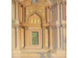 an oil painting of a building with columns and a doorway