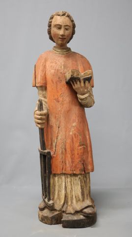 Saint Laurent, patron des cuisiniers. Sculpture en bois polychrom...