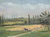 un tableau représentant des chevaux dans un pré, avec des arbres en arrière-plan