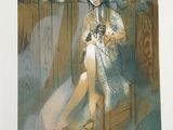 painting of a woman sitting on a bench in a room