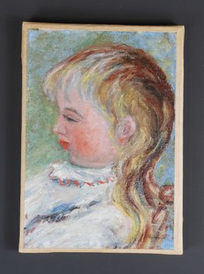 un tableau représentant une petite fille avec une queue de cheval, vêtue d'une robe blanche
