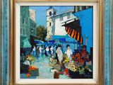 une peinture à l'huile représentant une scène de rue avec des personnages et des fleurs