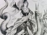 un vieux dessin représentant une femme chevauchant un dragon et brandissant un drapeau