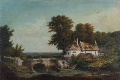 une image représentant un tableau où l'on voit une rivière avec un pont au premier plan
