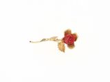broche en forme de rose rouge plaquée or, avec des feuilles