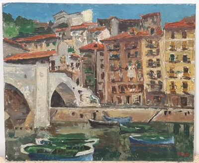 un tableau représentant des bateaux sur l'eau près d'un pont