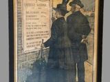 an old poster of a couple standing next to each other in front of a building