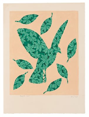 a painting of green leaves on a peach background