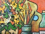 a painting of a vase of flowers and a bottle of wine on a table