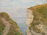 painting of a view of a cliff with a path going through it